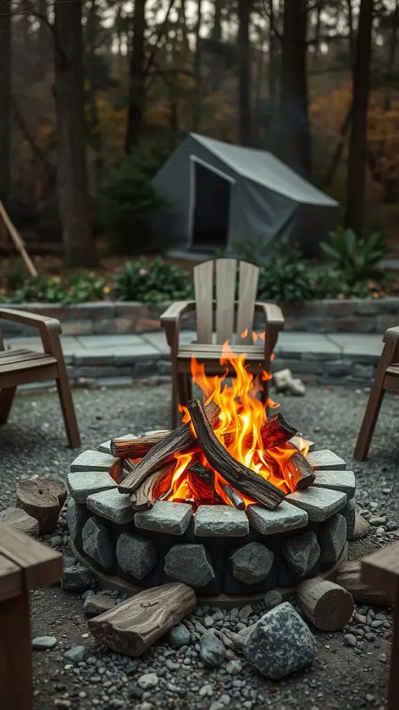 A multi-purpose fire pit surrounded by wooden chairs in a forested camping area.