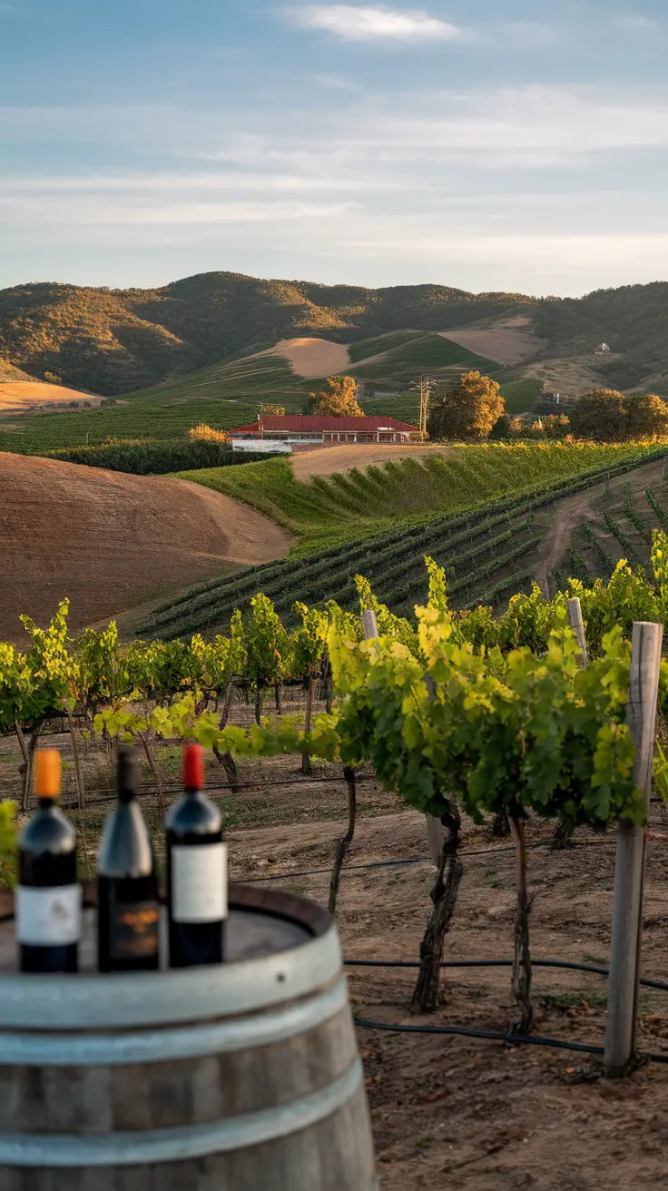 A man enjoying a glass of wine in a vineyard with rolling hills in the background.