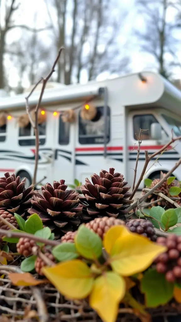 Decorative RV figurine surrounded by pinecones, leaves, and ornaments