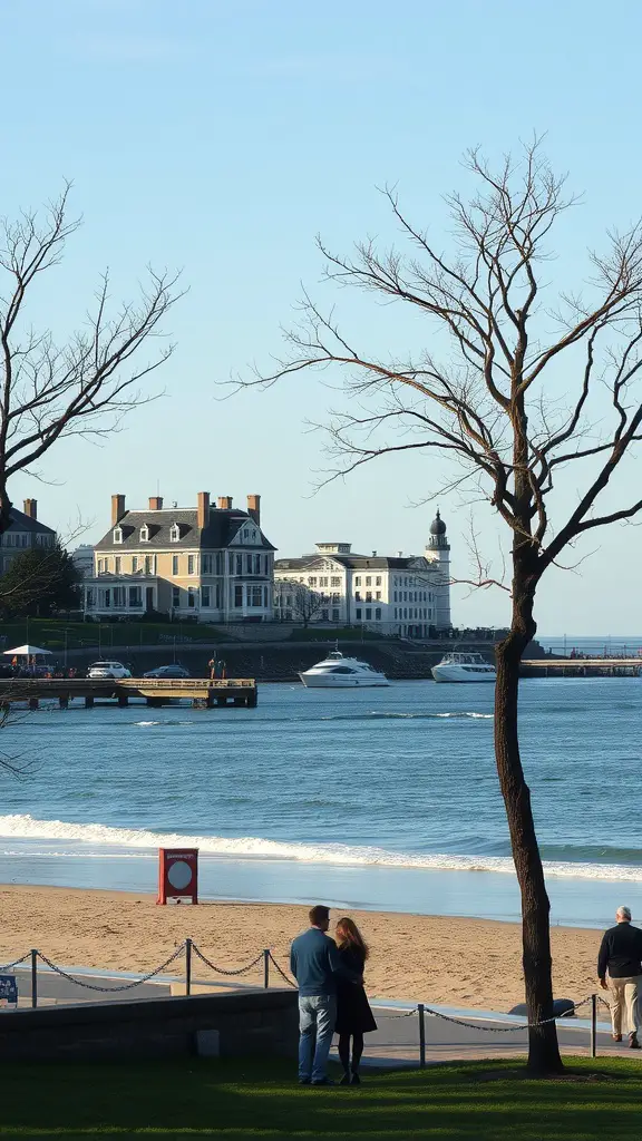 Couple standing by the beach in Newport, Rhode Island, with coastal views and elegant buildings in the background.