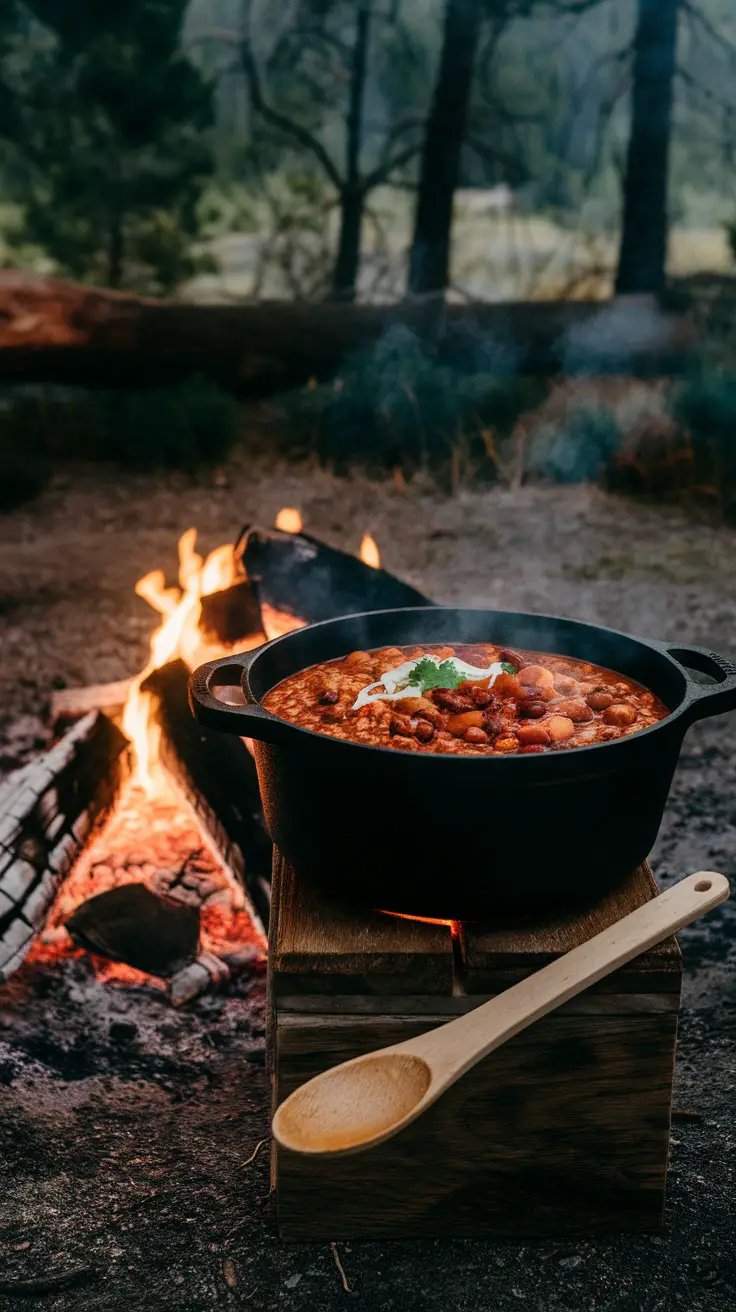 A steaming pot of chili over an open fire.