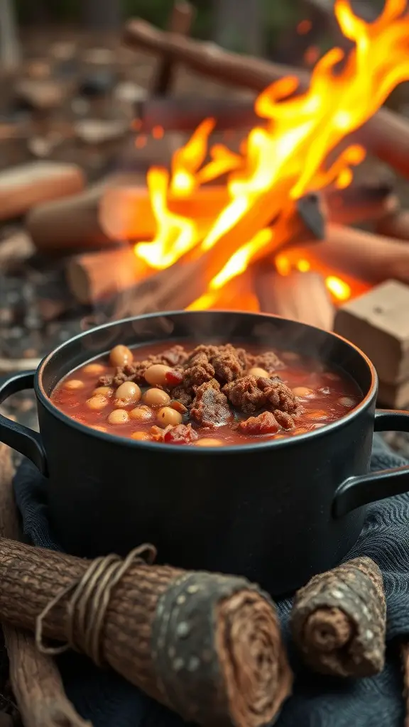 A steaming pot of chili with beans and ground meat, perfect for camping.