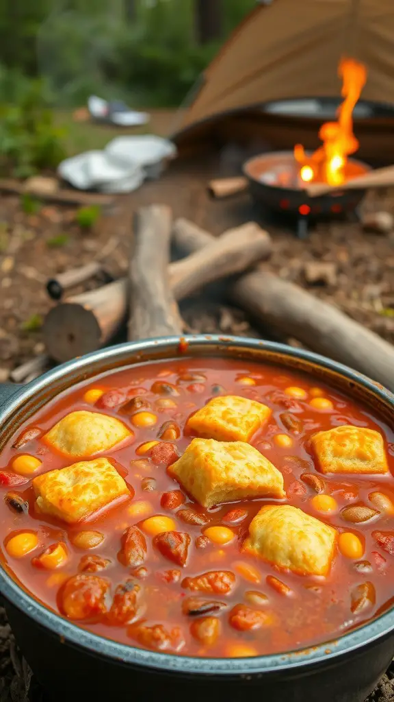 A delicious one-pot chili topped with cornbread, perfect for camping meals.