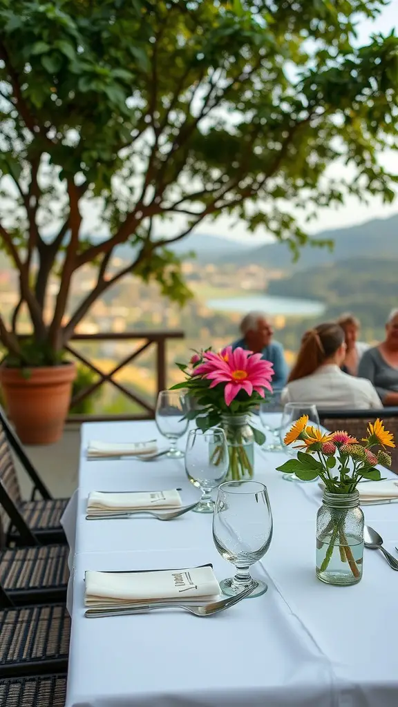 Outdoor dining table setting with flowers and glassware against a natural backdrop