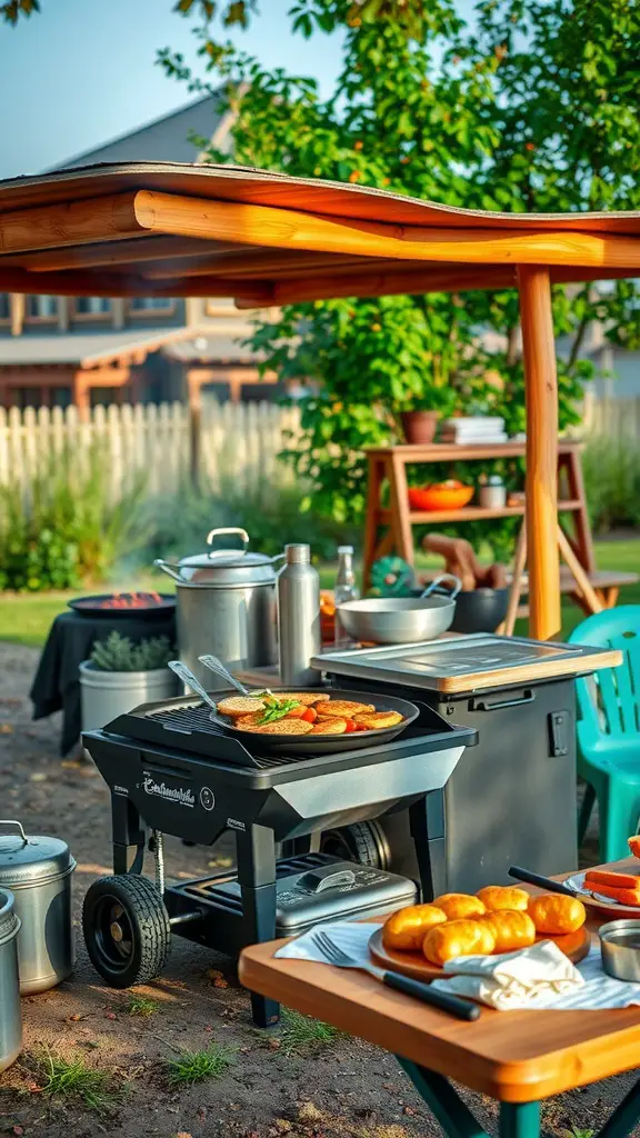 An outdoor kitchen setup with a grill, pots, and a cozy dining area, surrounded by greenery.