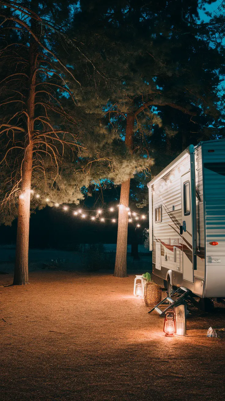 A cozy outdoor space illuminated by string lights and lanterns, inviting relaxation.