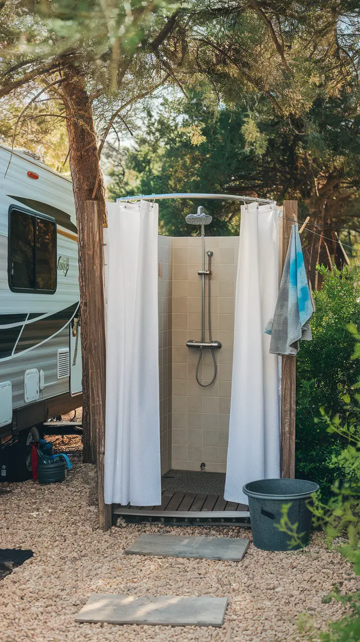 Outdoor shower with white curtains and wooden backdrop in a natural setting.