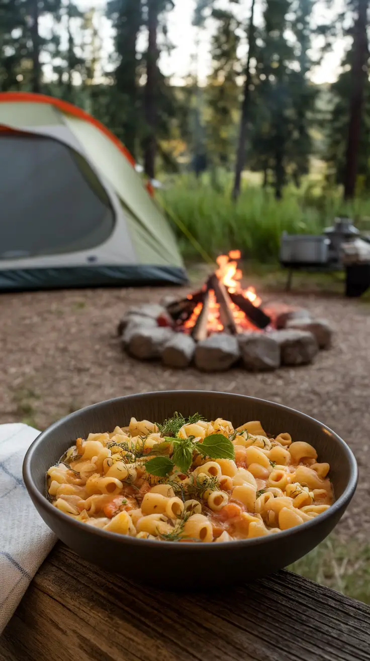 A bowl of Pasta Fagioli with fresh herbs, set against a camping backdrop.