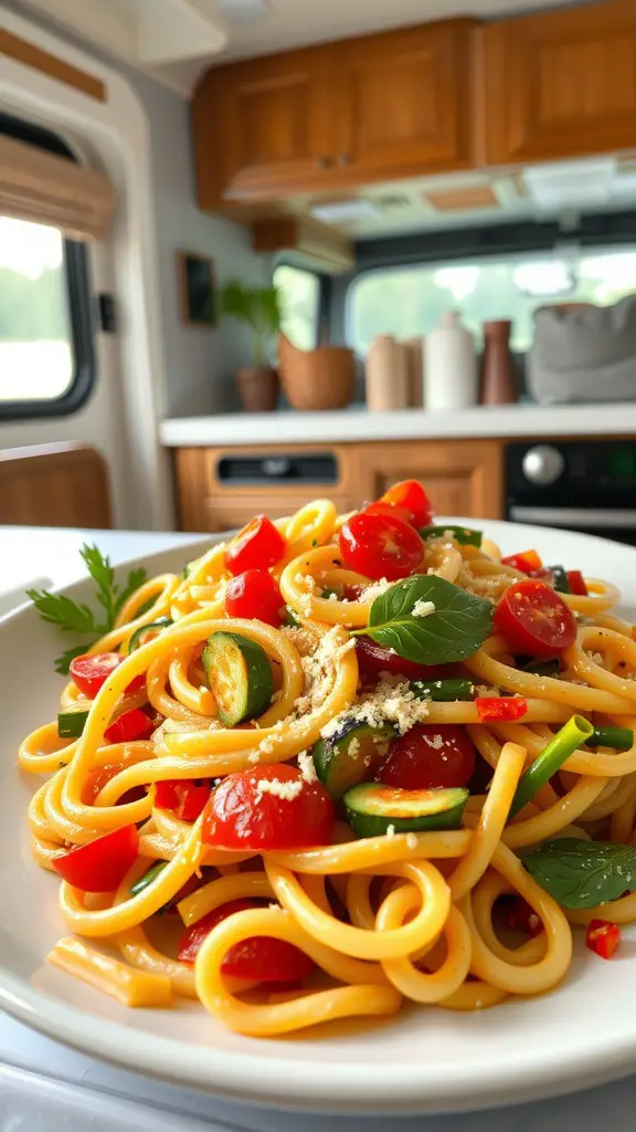 A plate of pasta primavera with fresh vegetables in an RV setting.