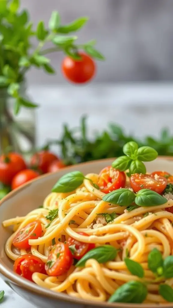 Bowl of Pasta Primavera with cherry tomatoes, basil, and fresh vegetables.