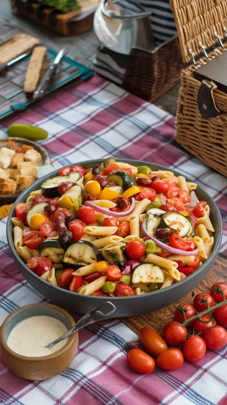 A colorful bowl of pasta salad with grilled vegetables, cherry tomatoes, and olives.