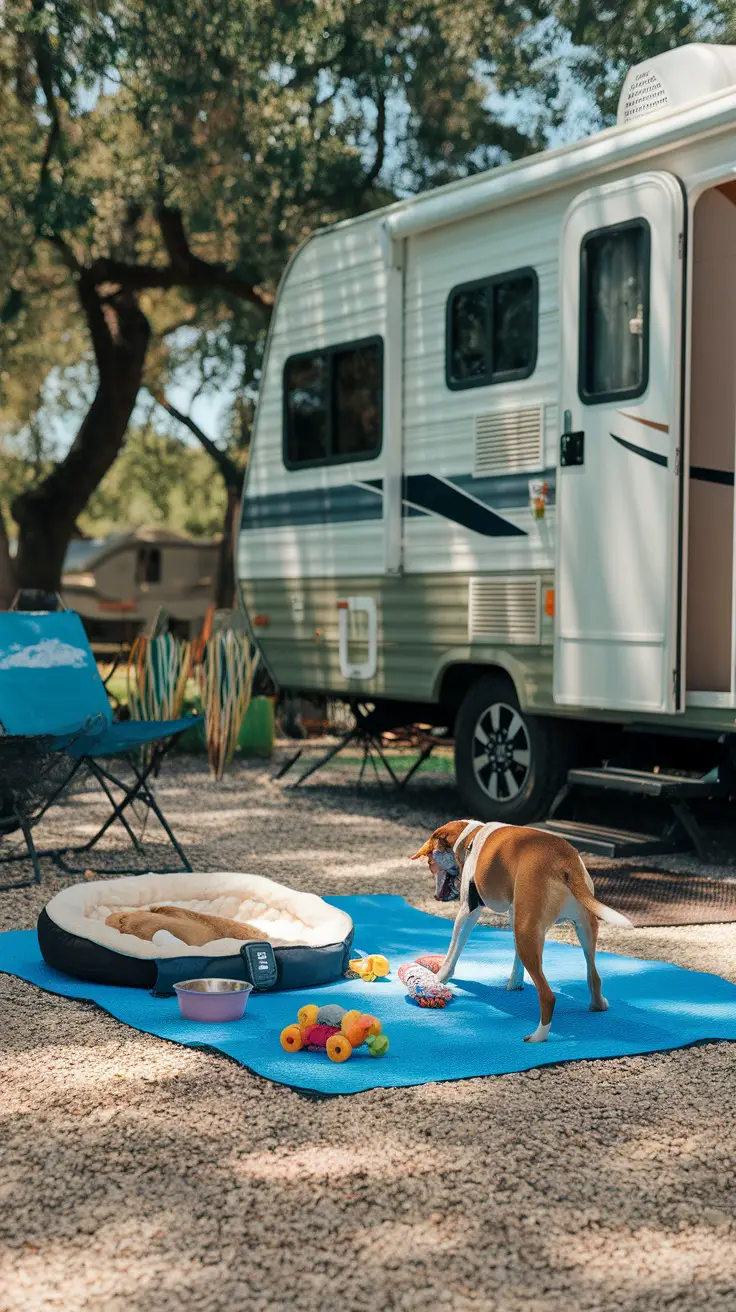 Cozy pet-friendly outdoor zone with a dog bed, toys, and food bowls