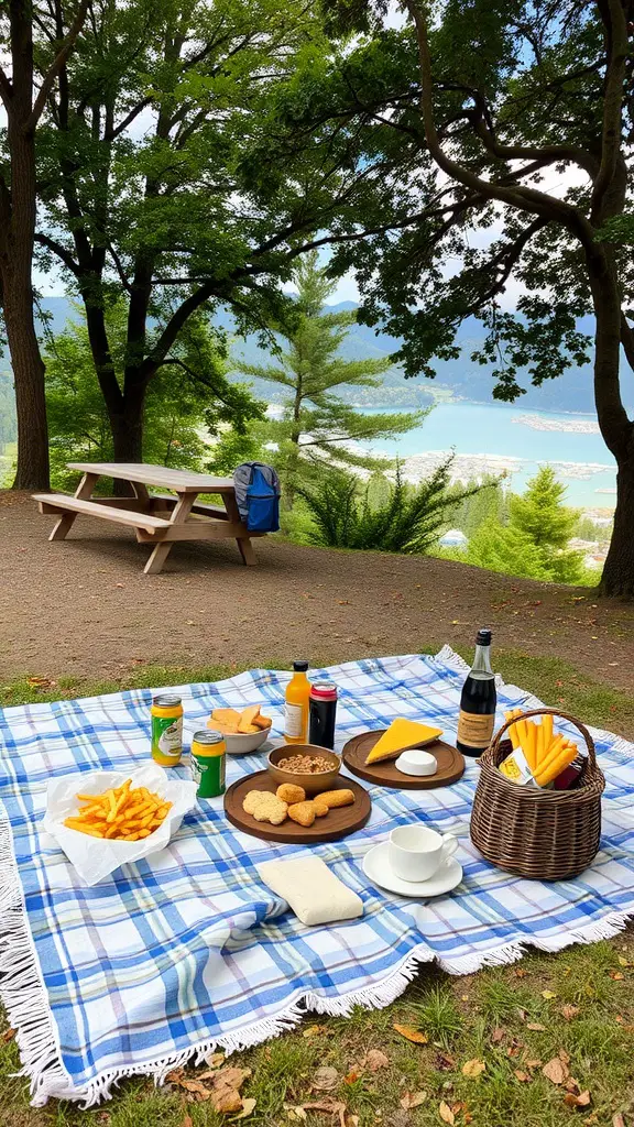 A picnic area with a blanket laid out, showcasing snacks and drinks, framed by trees and a beautiful view of water.