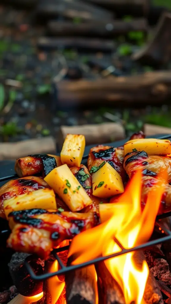 Pineapple Teriyaki Chicken grilling over a campfire