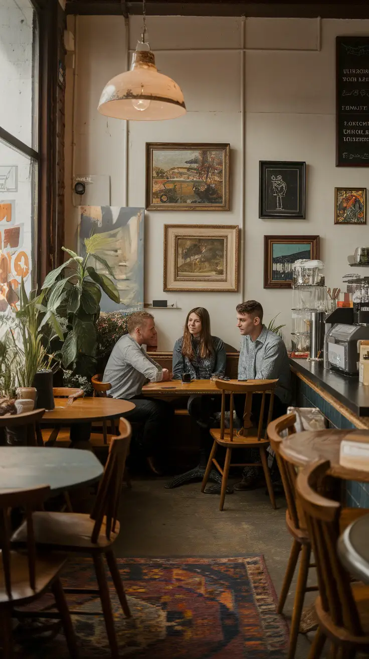 A cozy café in Portland with people enjoying coffee, featuring art on the walls and warm lighting.