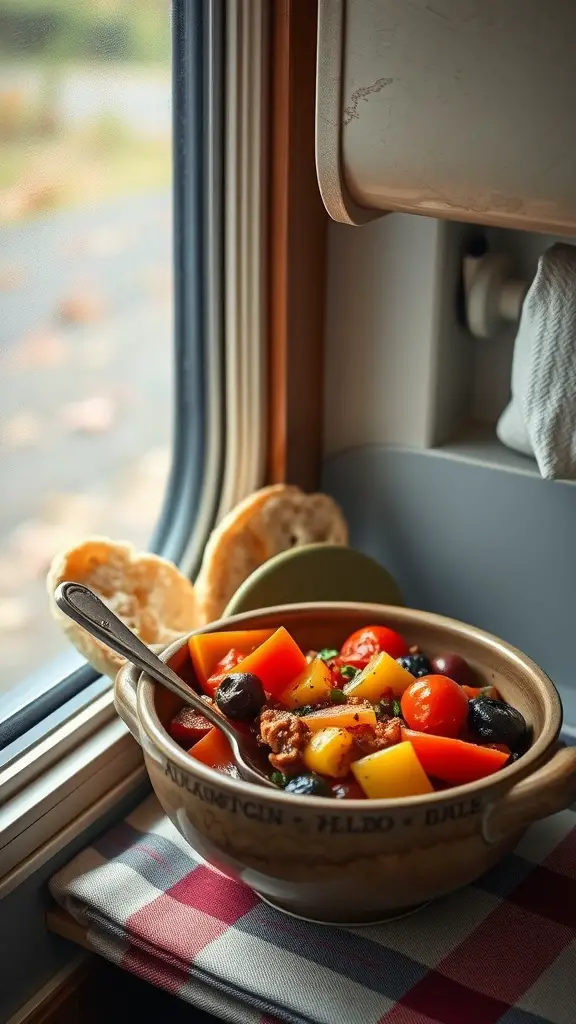 A bowl of ratatouille with colorful vegetables beside a window in an RV, accompanied by crusty bread.