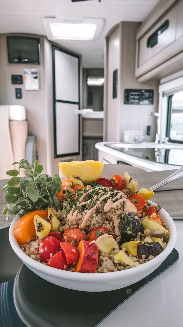 A vibrant roasted vegetable quinoa bowl with assorted vegetables and quinoa.