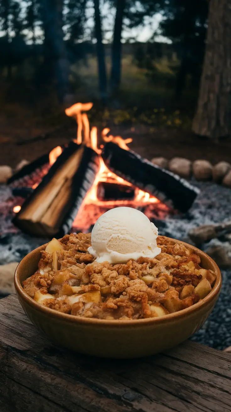 A bowl of rustic apple crisp topped with ice cream, set near a campfire