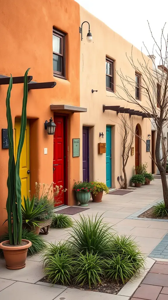 Colorful adobe buildings with vibrant doors and plants in Santa Fe