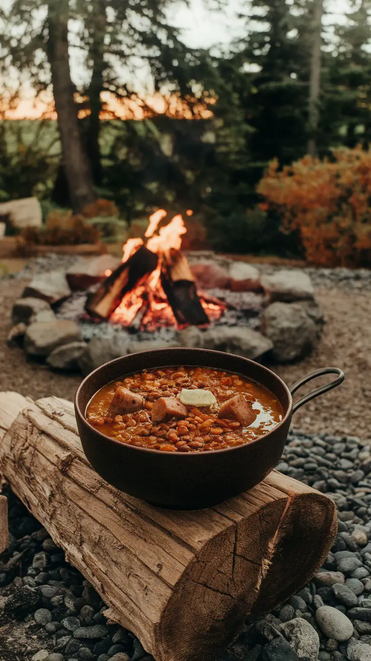 Bowl of sausage and lentil soup next to a campfire