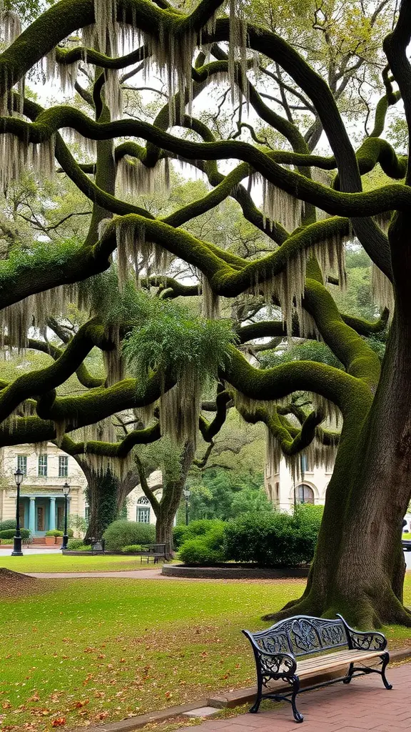 A beautiful scene in Savannah featuring moss-covered trees and a bench in a park.