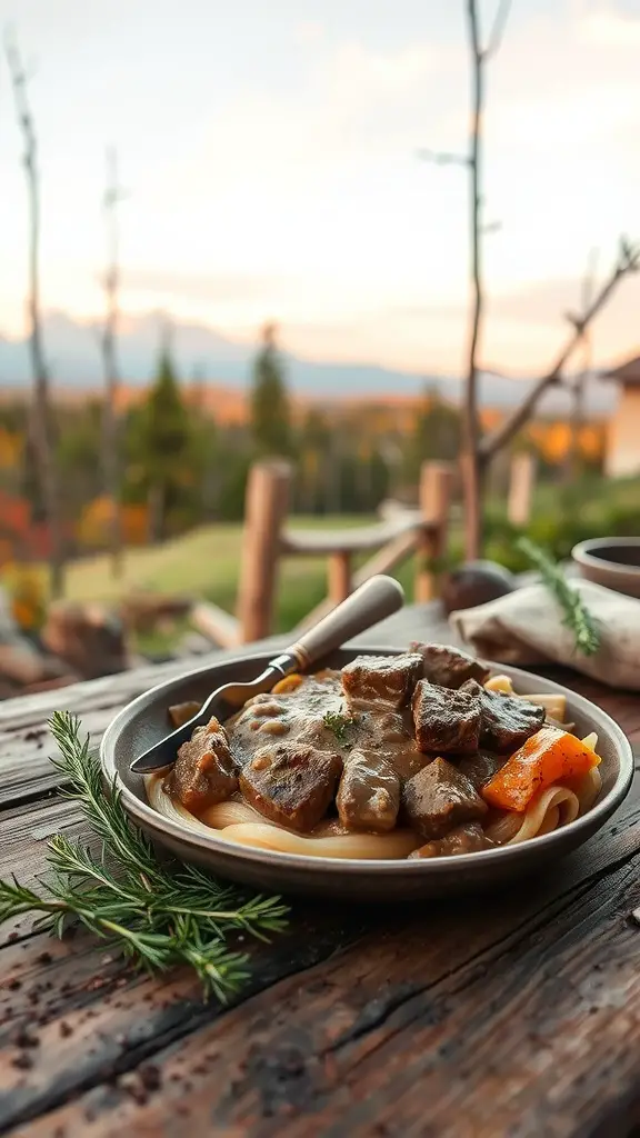 Plate of beef stroganoff served over noodles with fresh herbs.