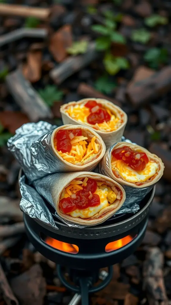 Savory breakfast burritos wrapped in foil with toppings.