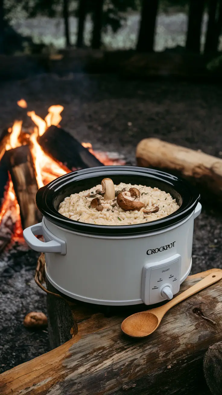 A crockpot filled with creamy mushroom risotto next to a campfire.