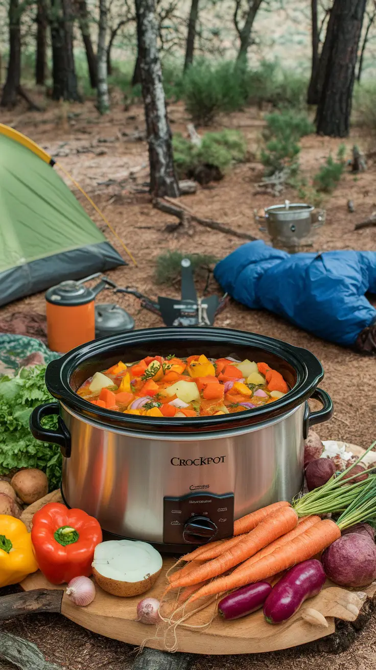 A delicious vegetable stew cooked in a crockpot, ideal for camping.