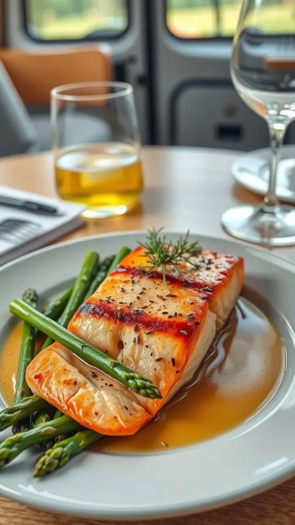 A plate of seared salmon with asparagus, garnished with herbs, set on a table in an RV.