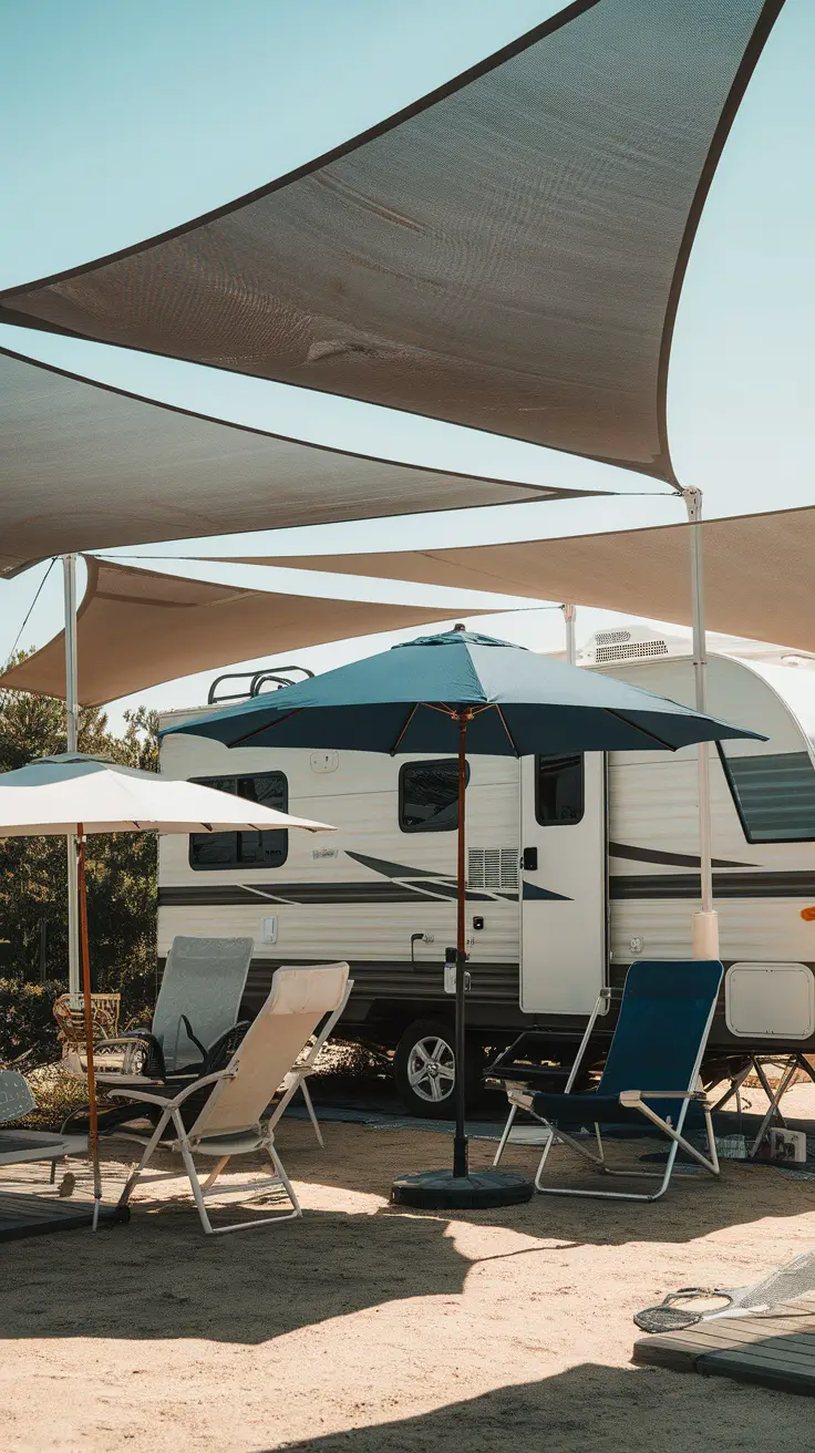 An RV parked under large canopies with chairs set up for relaxation