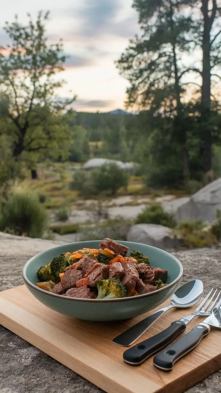 A bowl of beef and broccoli stir-fry on a wooden board in a natural outdoor setting.