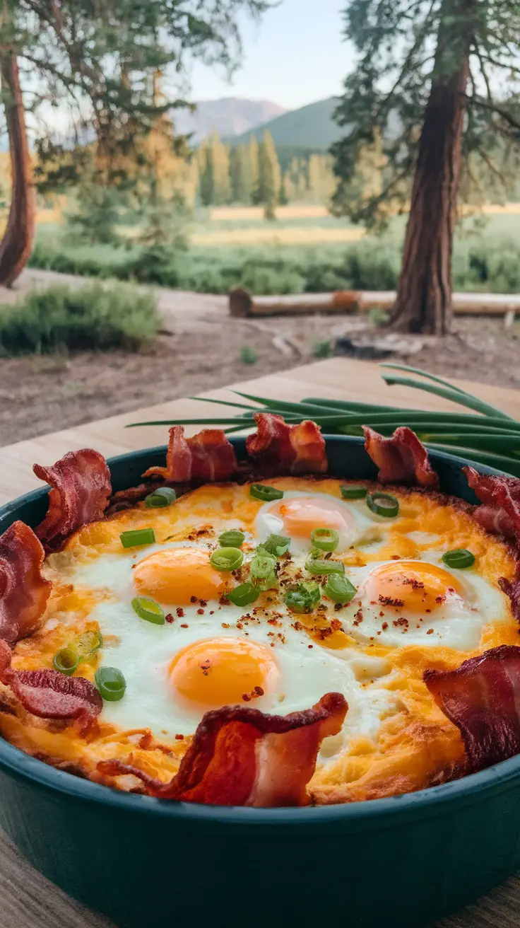 A delicious egg and cheese breakfast casserole with bacon and green onions, perfect for camping.