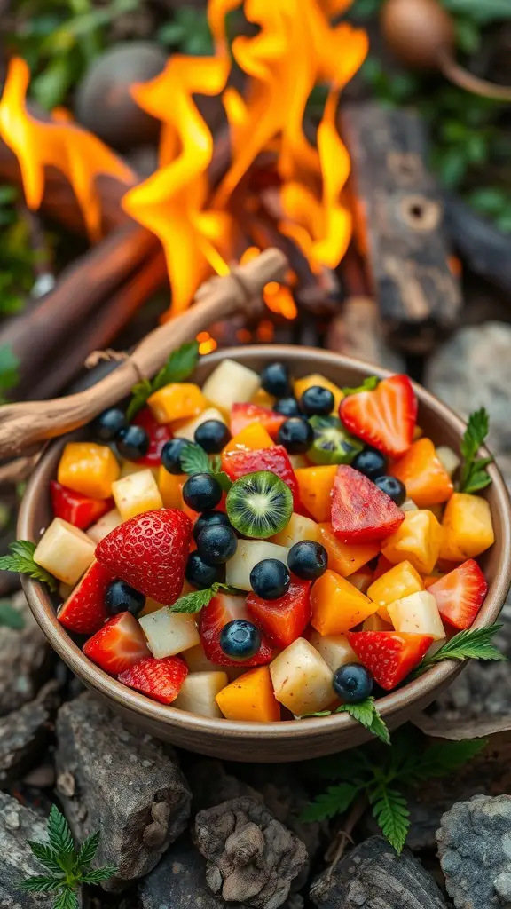 A colorful bowl of fruit salad with strawberries, blueberries, pineapple, and cantaloupe, garnished with mint.