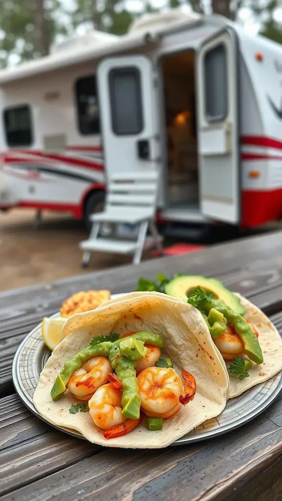 Sizzling shrimp tacos with avocado salsa served outside an RV