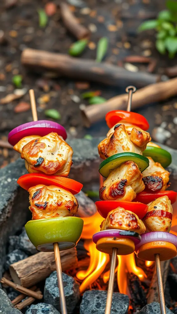 Skewered chicken fajitas grilling over a campfire