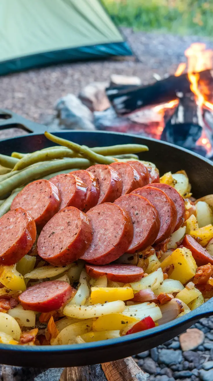 A delicious serving of spicy sausage and potato hash cooked in a cast iron skillet over a campfire.