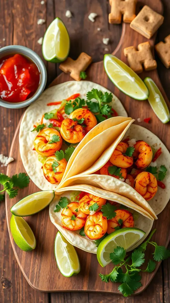 Delicious spicy shrimp tacos with lime, cilantro, and salsa on a wooden board.