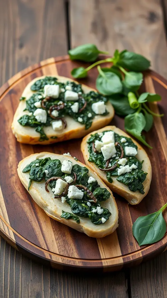 Spinach and feta stuffed chicken breasts on a wooden platter