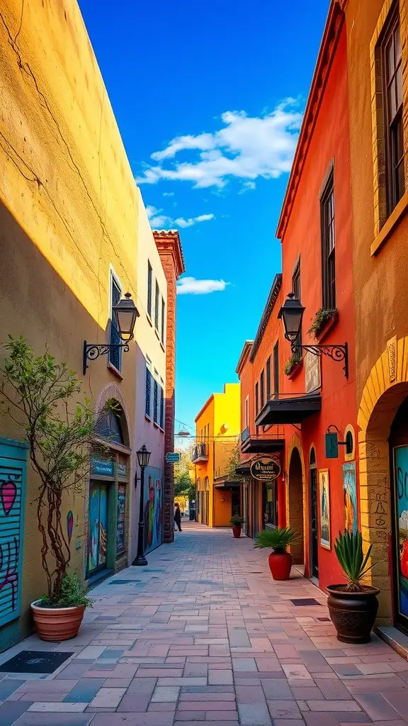 A colorful alleyway in historic downtown Tucson, featuring vibrant buildings and a clear blue sky.