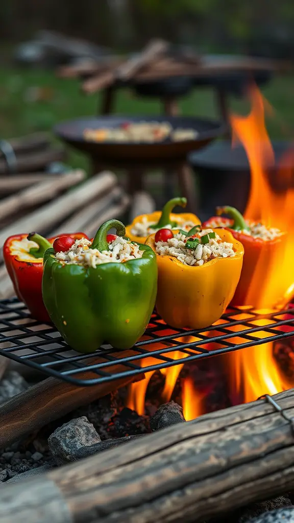 Stuffed bell peppers cooking on a grill over a campfire