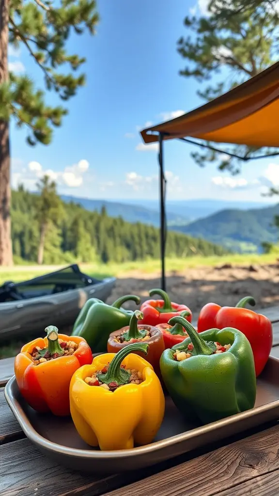 Stuffed bell peppers arranged on a tray outdoors