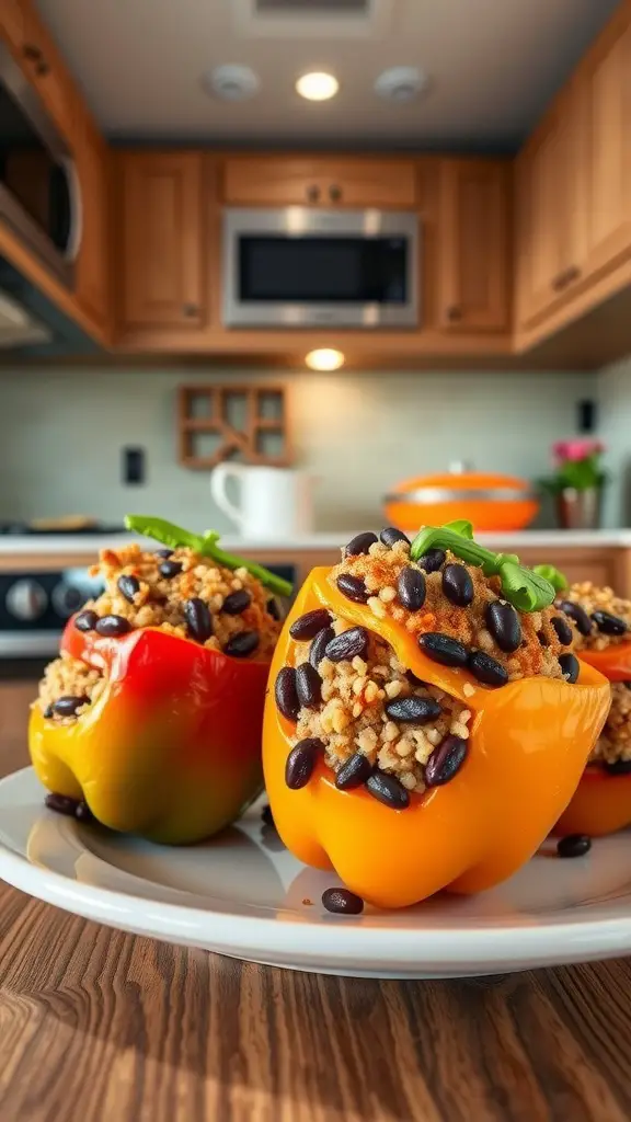 Stuffed bell peppers filled with quinoa and black beans on a plate in an RV kitchen.