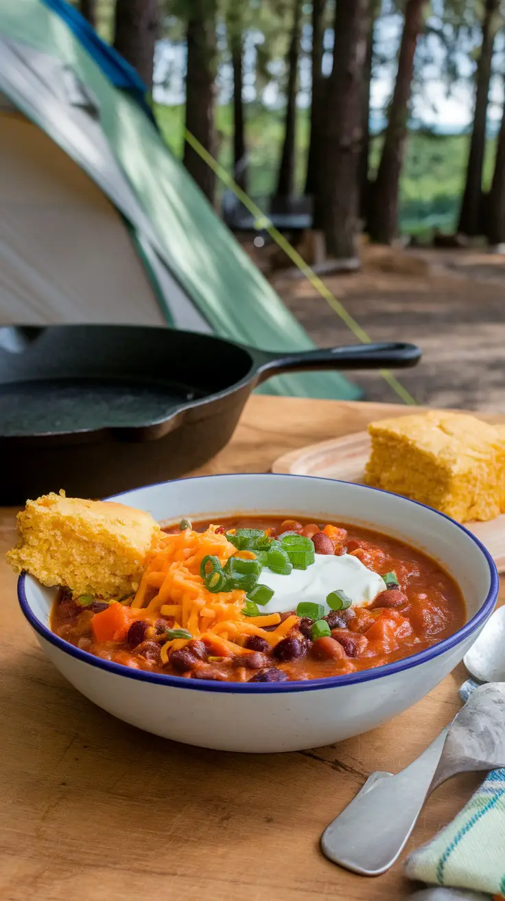 A bowl of sweet potato and black bean chili garnished with fresh ingredients