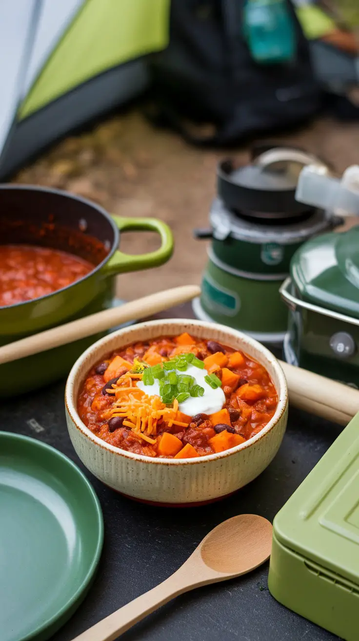 Bowl of Sweet Potato and Black Bean Chili topped with cheese and green onions, served outdoors