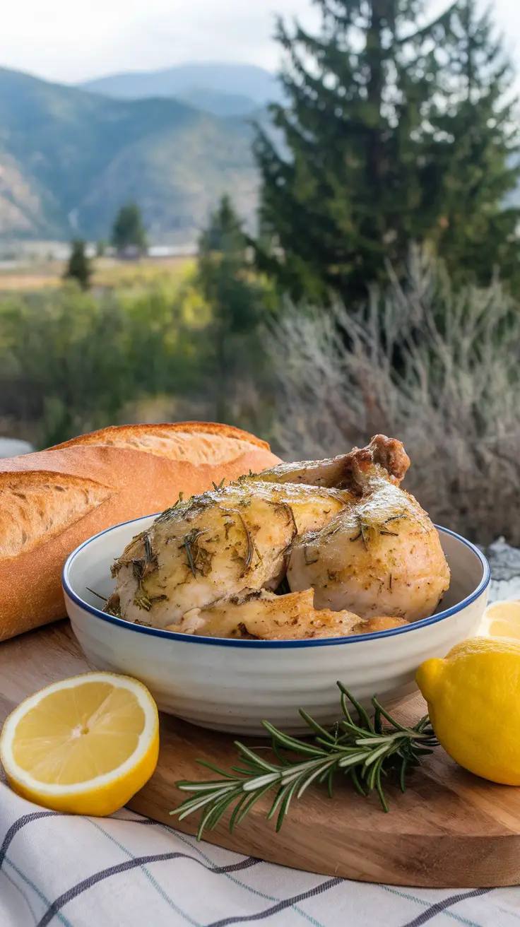 A bowl of Tangy Lemon Herb Chicken served with lemon slices and a baguette.