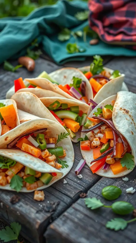 Tortilla wrap sandwiches filled with colorful vegetables and protein