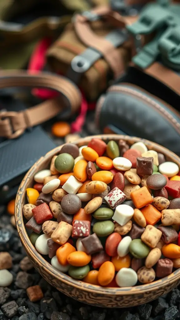 A colorful bowl of trail mix filled with various nuts, dried fruits, and chocolate pieces.