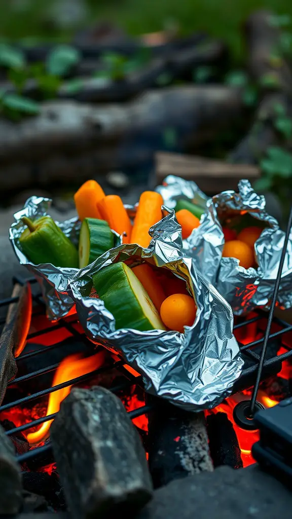 Vegetable foil packets cooking over a campfire