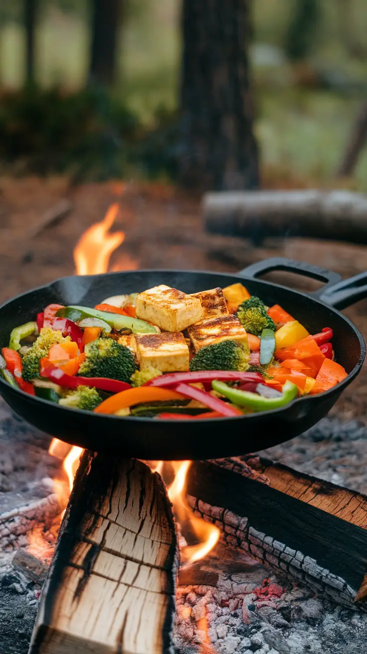 A skillet full of colorful vegetable stir-fry with tofu cooking over a campfire.